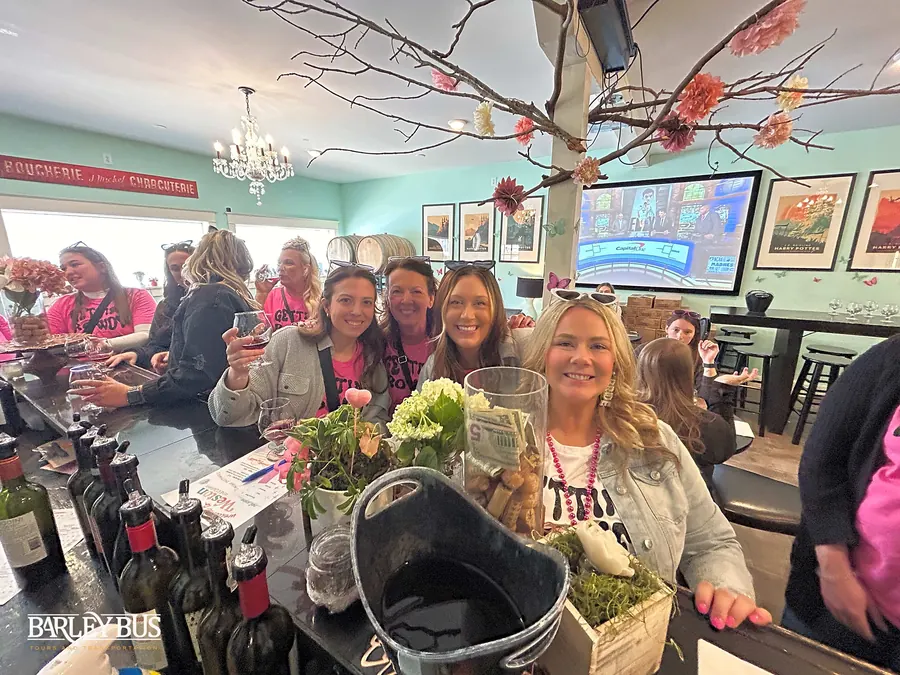 Bachelorette group at a winery tasting bar